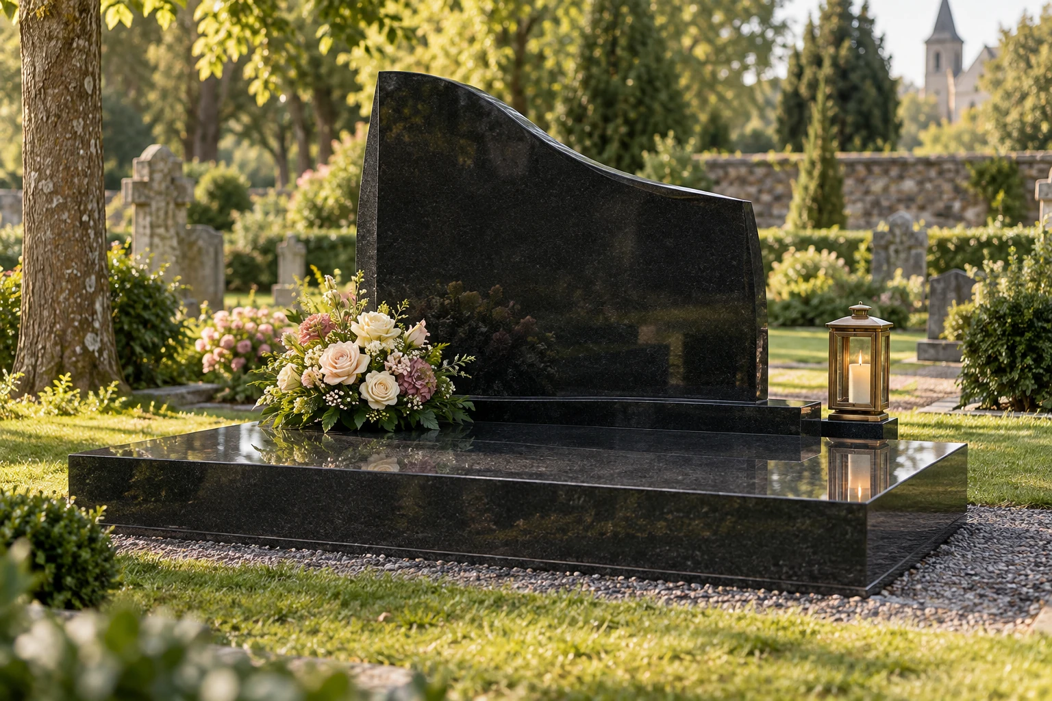 Czarny granitowy nagrobek o łagodnie wygiętej tablicy